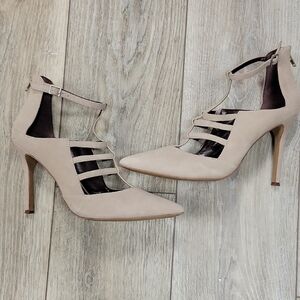 BCBGeneration Size 9 Thatcher Tan Suede Leather T-Strap Stiletto Pumps